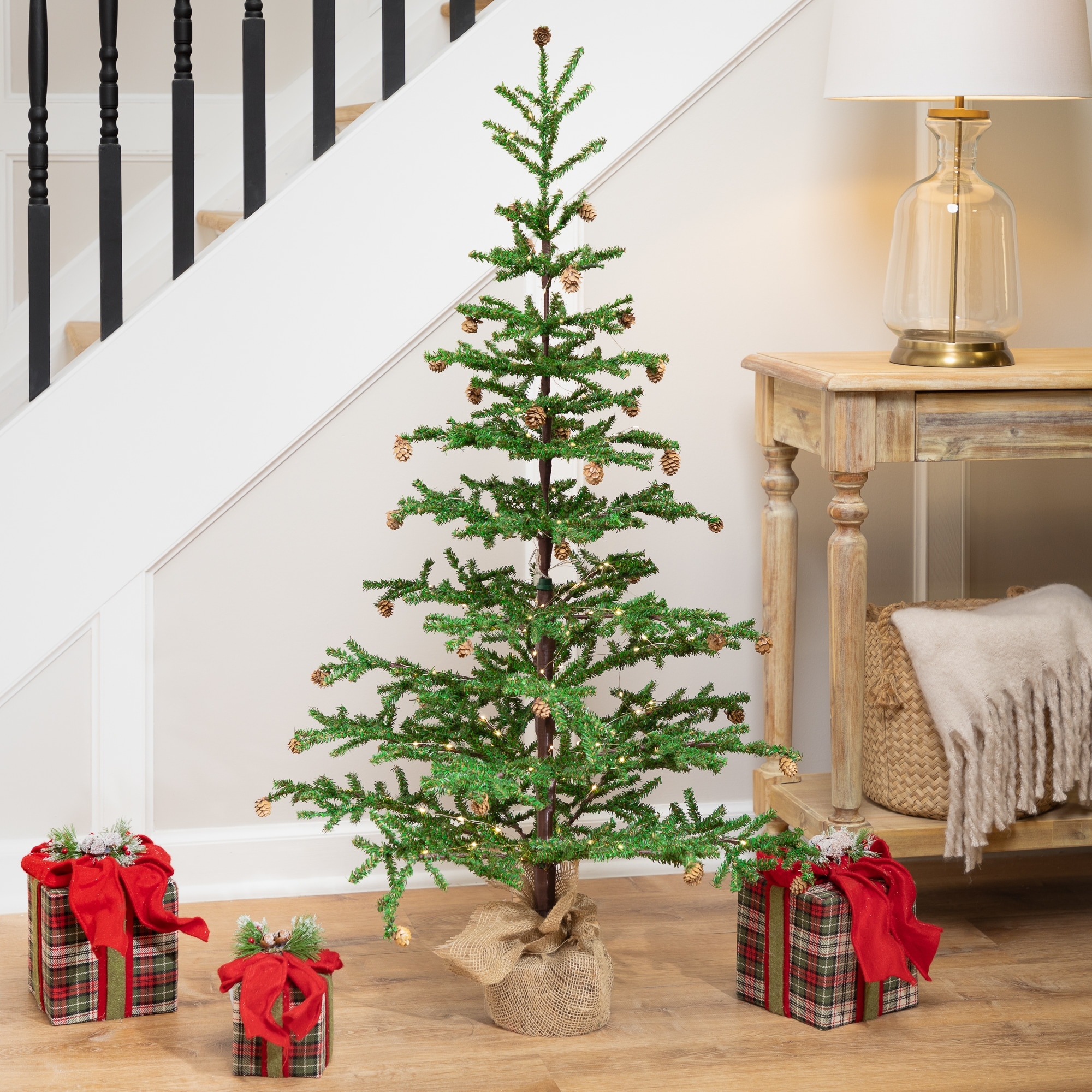Pre-lit Christmas Tree with Pinecones and Burlap Base 4' Clear Lights - 4 Foot