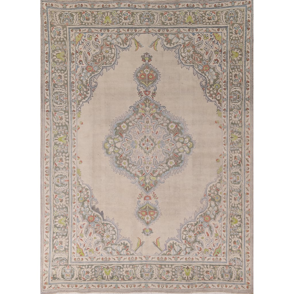 Beige Tabriz Persian Vintage Area Rug Hand-Knotted Wool Carpet - 8'8" x 10'8"
