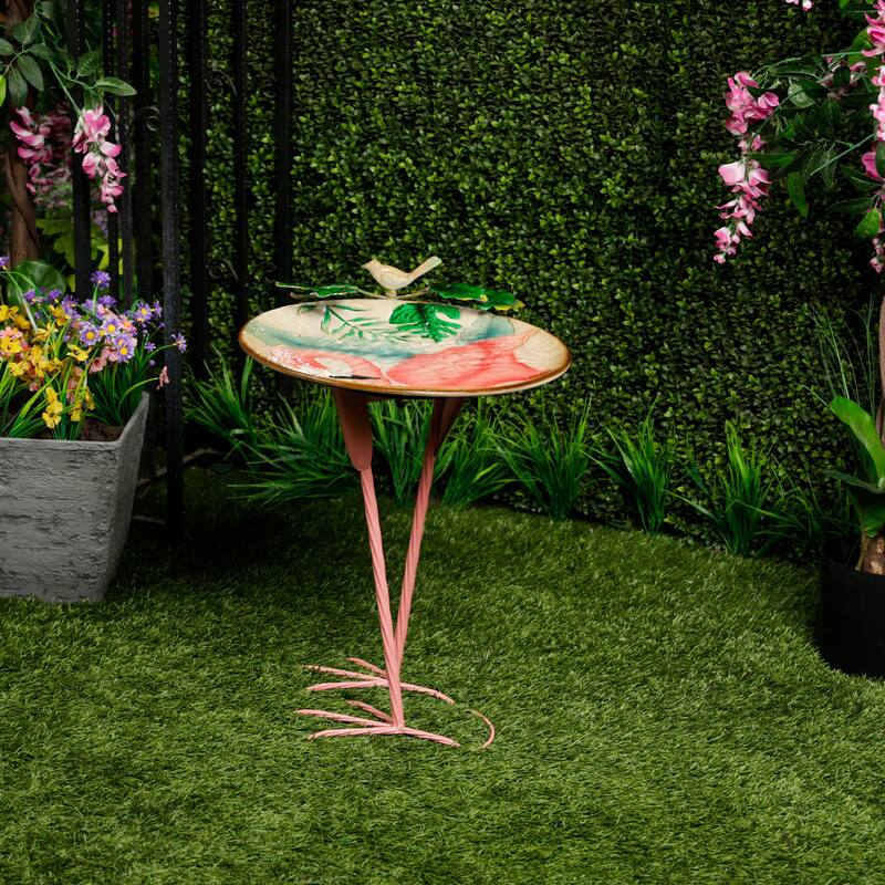 Alpine Corporation ORS876 Outdoor Metal Birdbath w/ Stylish Stand, Flamingo Pattern Birdbath Bowl and Stand, 23"H, Pink/Blue