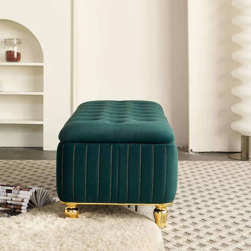 Storage Bench Ottoman Bench with Safety Hinge, Footstool Green End of Bed Bench Vanity Bench Lounge Bench