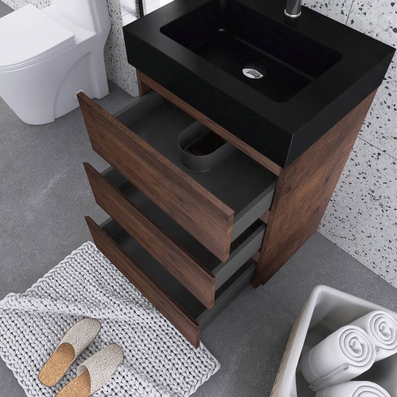 Freestanding Bathroom Vanity with Black Solid Surface Top