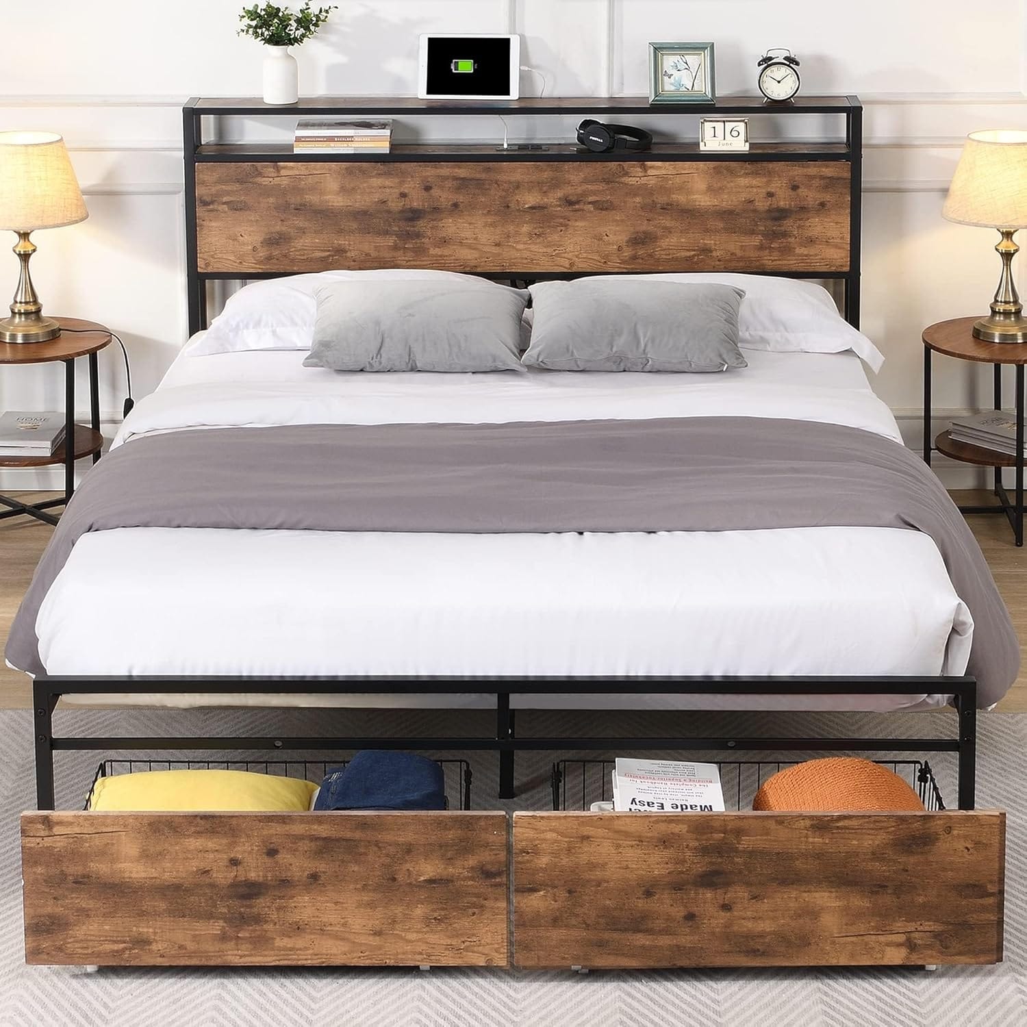 King Size Metal Bed Frame with Headboard, Charging Station, Storage Drawers, Noise-Free Design, Easy Assembly