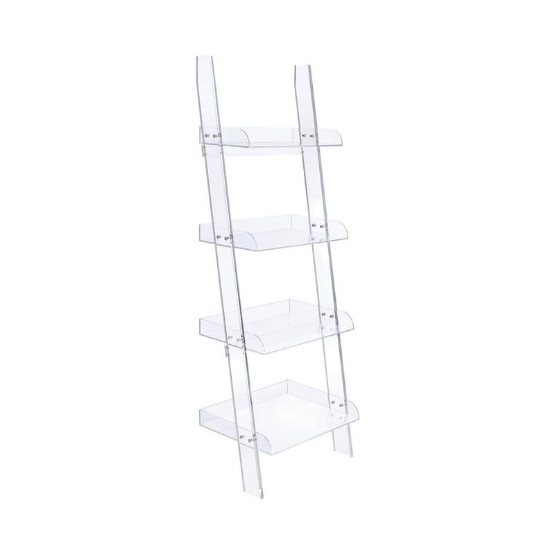 72 Inch Modern Ladder Bookcase, 4 Shelves, 3 Tray Edges, Clear Acrylic