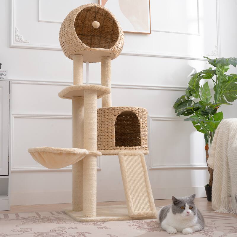 Cat Tree, 59-Inch Cat Tower, Plush Multi-Level Cat Condo with 2 Perches,2 Caves, Cozy Basket and Scratching Board - Beige