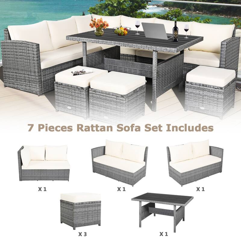Gymax 7PCS Rattan Patio Sectional Sofa Set Conversation Set w/ White - See Details