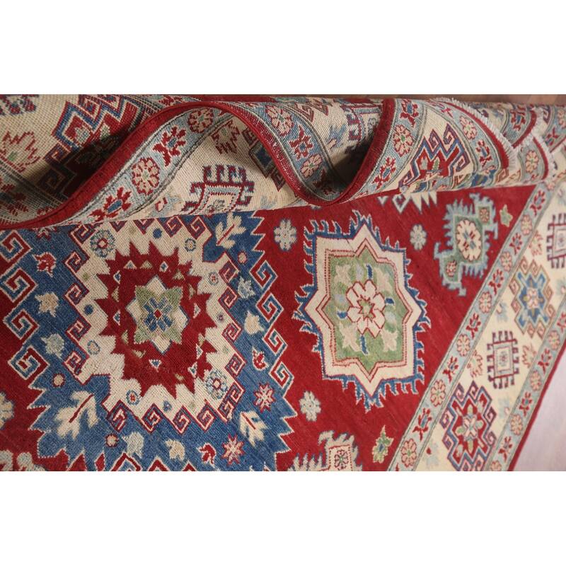 Hand Knotted Oriental 100% Wool Carpet Traditional Geometric Red Kazak Area Rug - 9' 9'' X 6' 7''