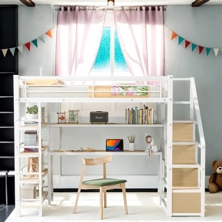 3 In 1 Design Twin Size Metal Loft Bed with Staircase, Built-In Desk and Storage Shelves