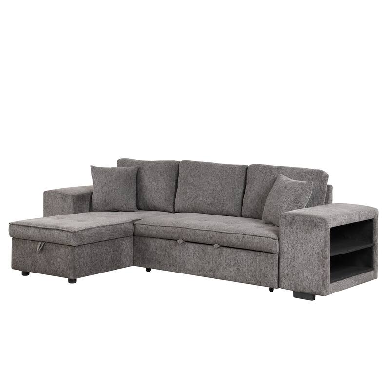 Convertible Sleeper Sectional Sofa, Reversible Sofa with Pull-Out Bed, Storage Chaise & 2 Stools, Linen Upholstered 4 Seat Sofa