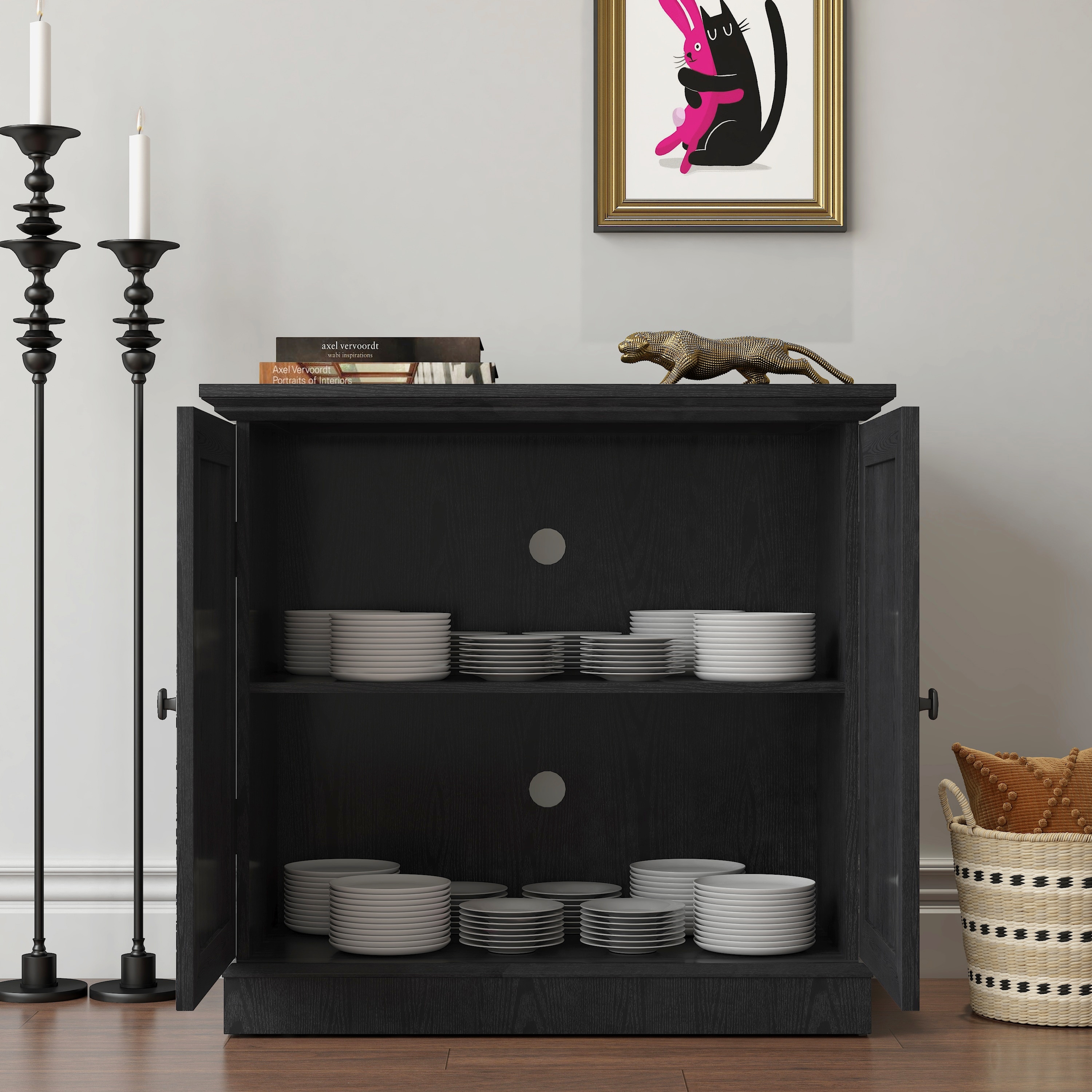 Sideboard Cabinet with Acrylic Mirrored Doors, Wooden Kitchen Pantry Storage Cabinet, Accent Cabinet with Adjustable Shelf