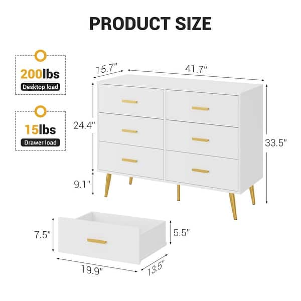 dimension image slide 0 of 2, 6 Drawer Dresser with Storage Space, Modern Wooden Dresser with Gold Handles