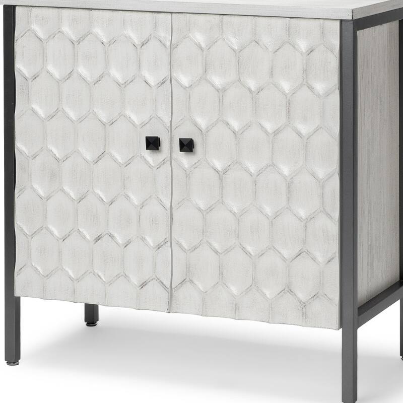 HomeRoots 32" White and Gray Wood and Metal Carved Geometric Accent Cabinet With Two Doors
