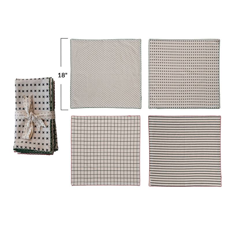 Cotton Printed Napkins with Pattern and Stitched Edge, Set of 4