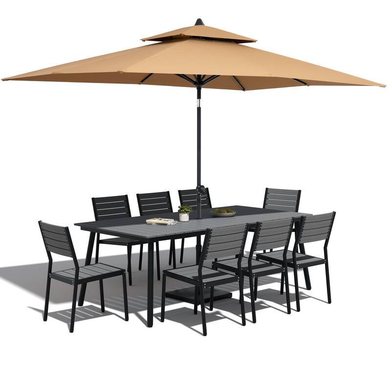 11-Piece Patio Dining Set Aluminum Table and 8 Stackable Chairs w/10 ft Umbrella and Base Stand