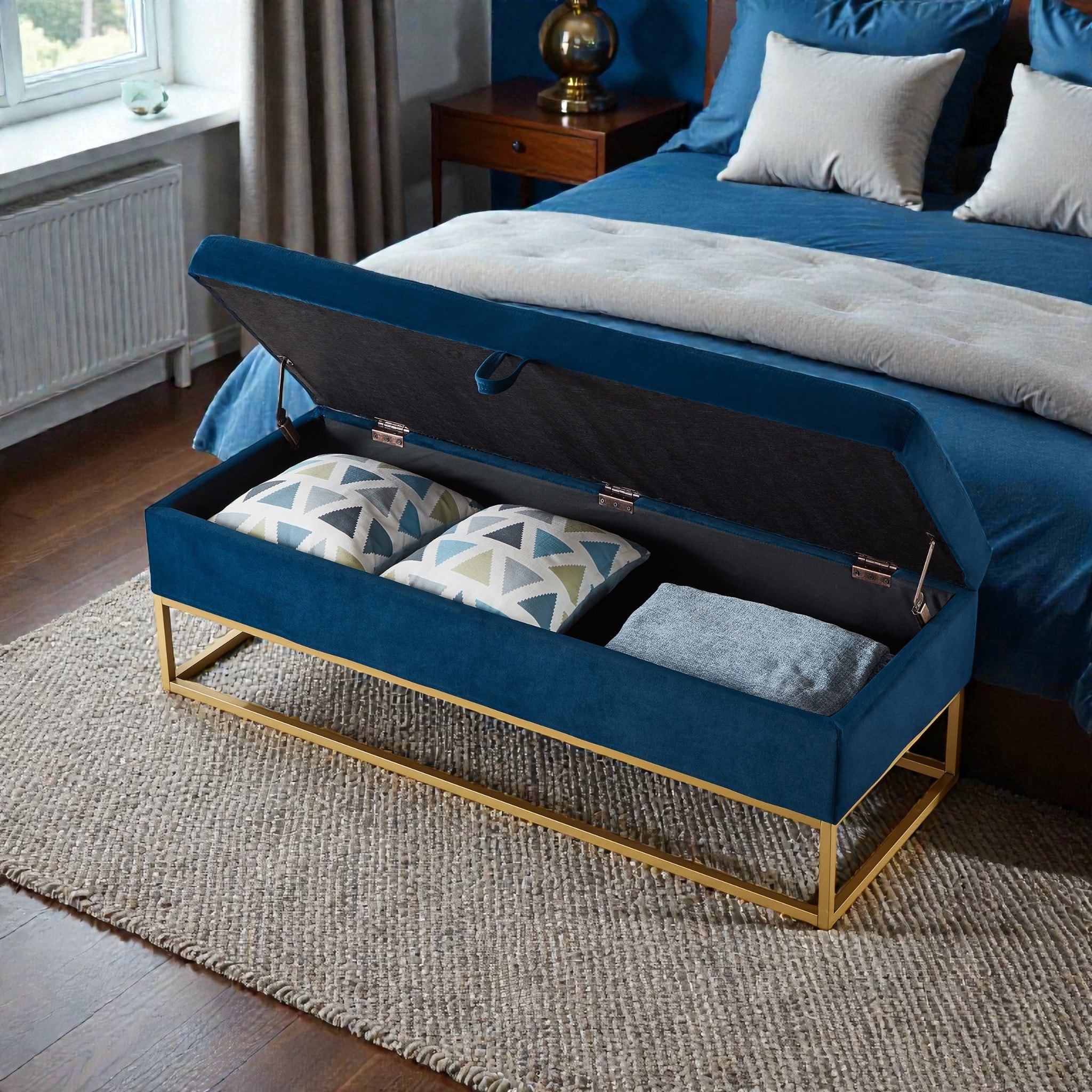 Upholstered Velvet Storage Bench with Button Tufted Top and Gold Metal Base, End of Bed Ottoman with Hidden Compartment