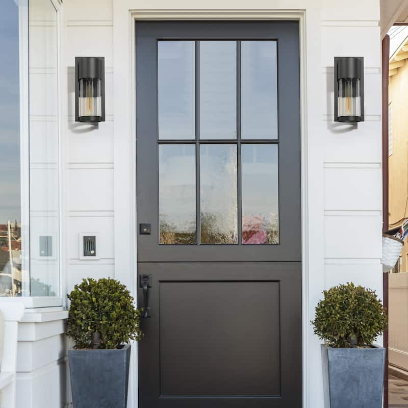 2-pack Aluminum Modern Black Outdoor Glass Sconce Farmhouse Cylinder LED Patio Wall Lantern