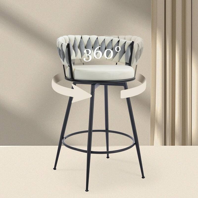 XINMICS 360° Swivel Bar Stools, 24 Inches Modern Counter Height Bar Stools with Woven Back, Upholstered Suede Tall Barstools