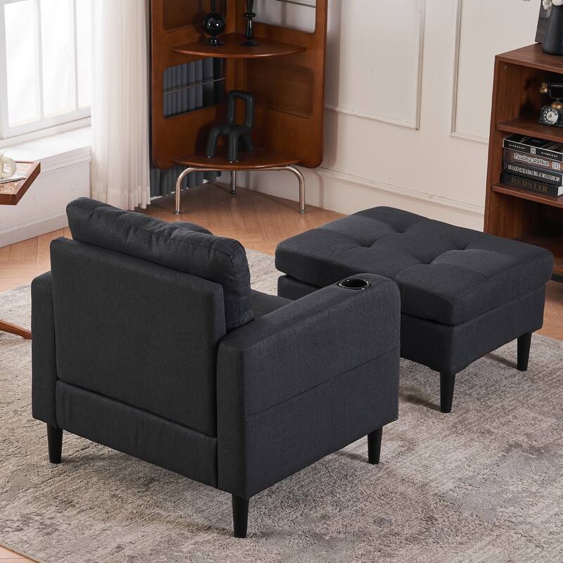 Modern 31.5" Upholstered Buttons Tufted Arm Chair with Storage and Cup Holders for Living Room