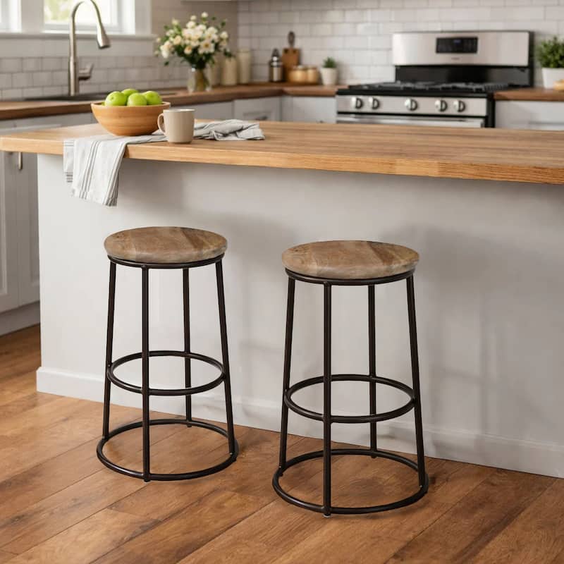 24 Inch Mango Wood Counter Height Barstool With Iron Base, Brown And Black