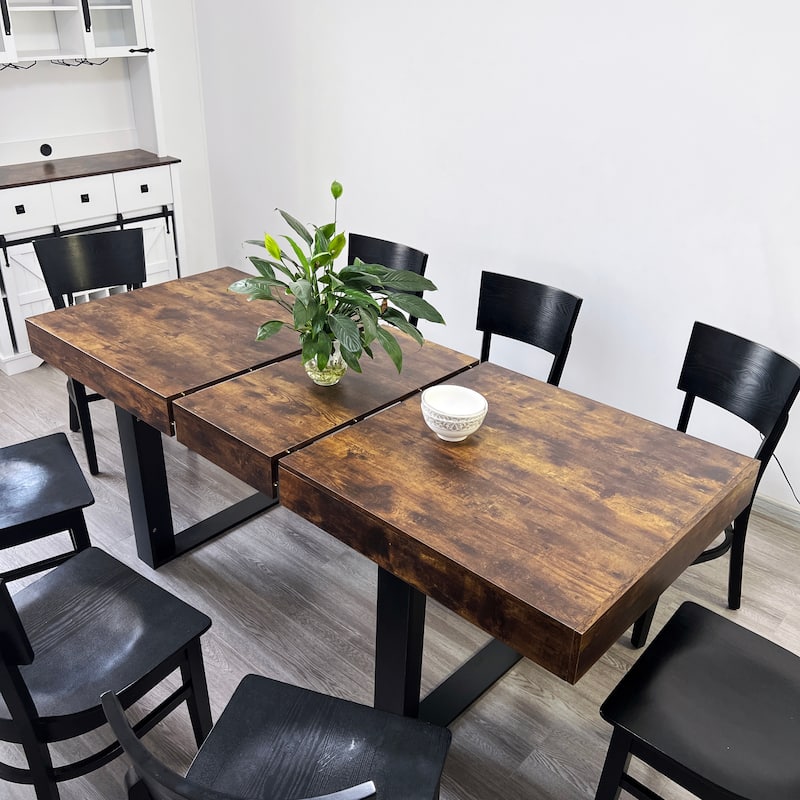 Large Expandable Dining Table, Wooden Kitchen Expanding Table for 6 8 10, Rectangular Conference Table - Deep Rustic Brown