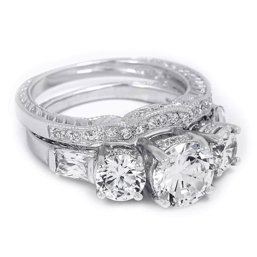 2.25 CT Brilliant Round Cut 3-Stone Wedding Band Ring Set Silver