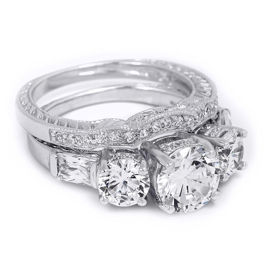 MayaMila 2.25 CT Brilliant Round Cut 3-Stone Wedding Band Ring Set Silver