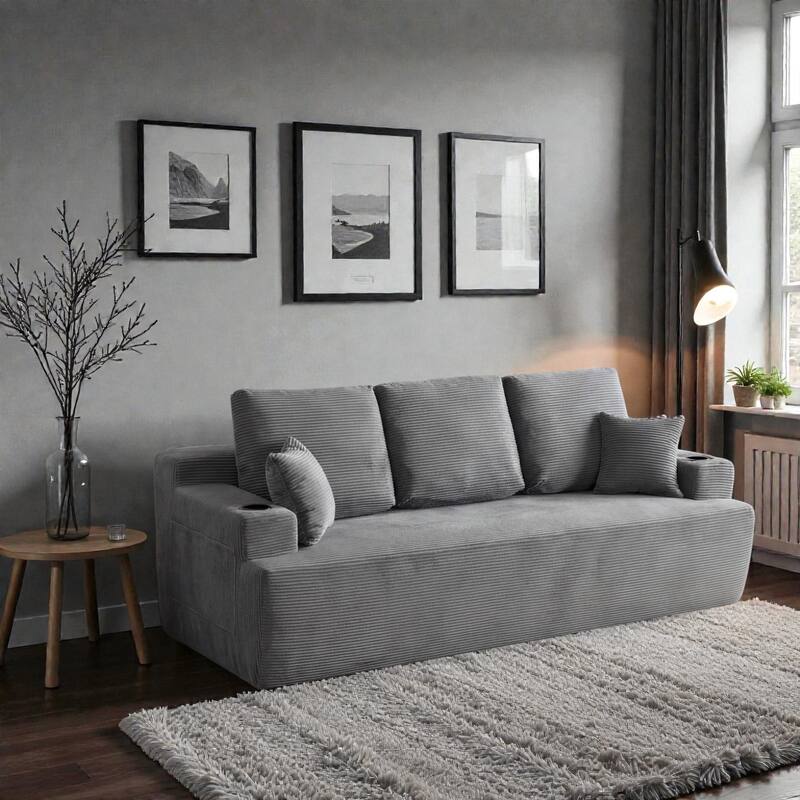 87 Inch 3 Seater Sofa Couch, Deep Seat Corduroy Living Room Sofa with Cup Holders and Side Pockets