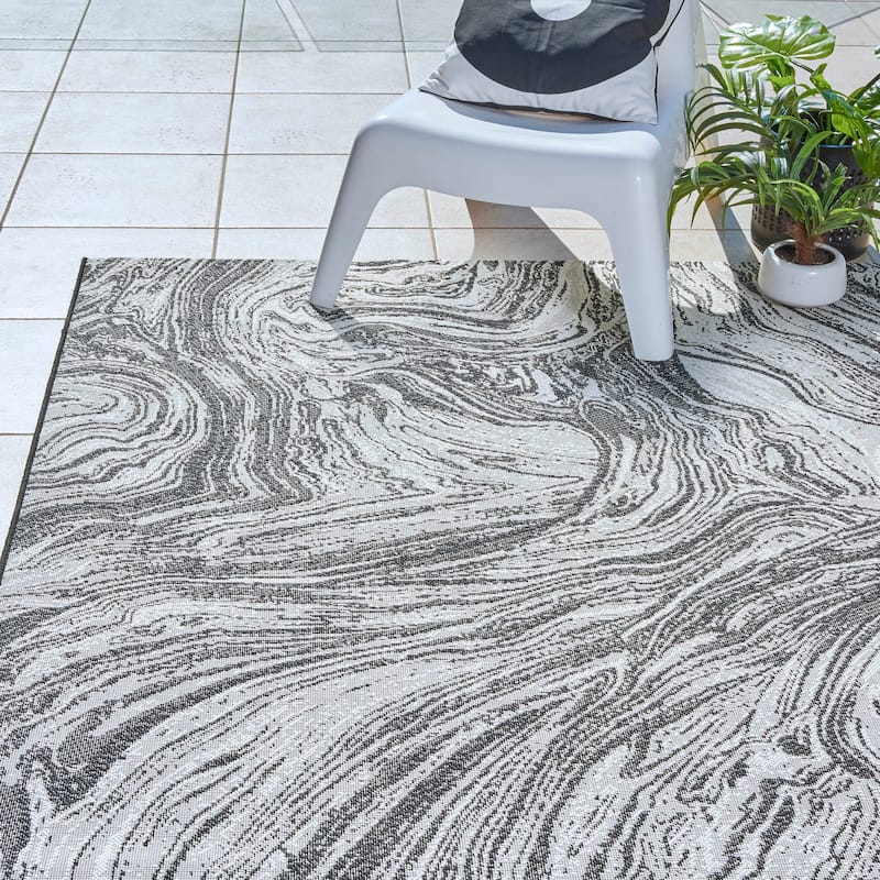 Gertmenian Paseo Casal Black Modern Abstract Marble Flatweave Indoor/Outdoor Area Rug