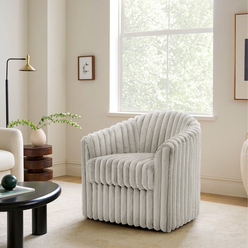 Daniel 49" Upholstered Plush Corduroy Swivel Barrel Accent Chair - White