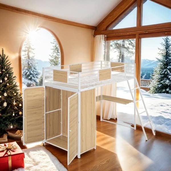 slide 2 of 20, Stylish & Simple Twin Size Loft bed with L-shape Desk and Wardrobe, Sturdy Construction & Safety Guaranteed, Multi-Functional White