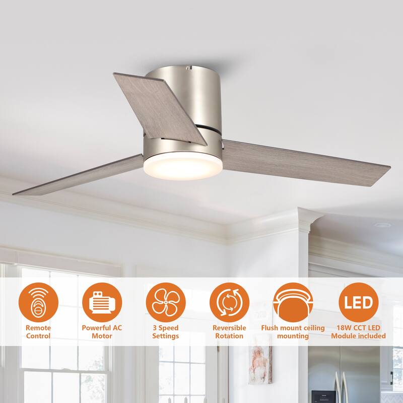 48 inch Modern 3-Blade Wooden Flush Mount Ceiling Fans with Light and Remote