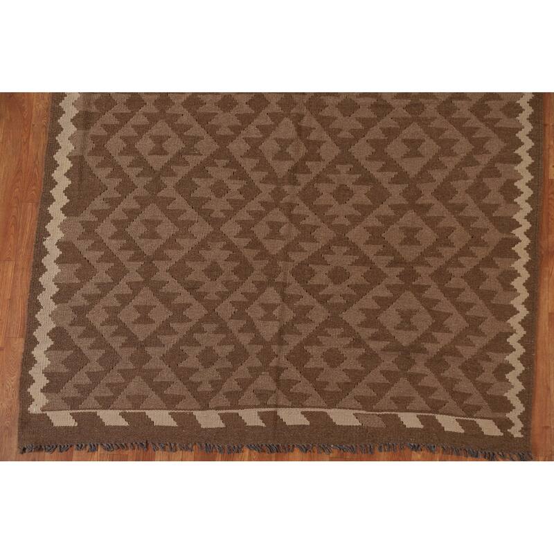 Brown Kilim Oriental Area Rug Flat-weave Reversible Wool Carpet - 5'3" x 7'8"