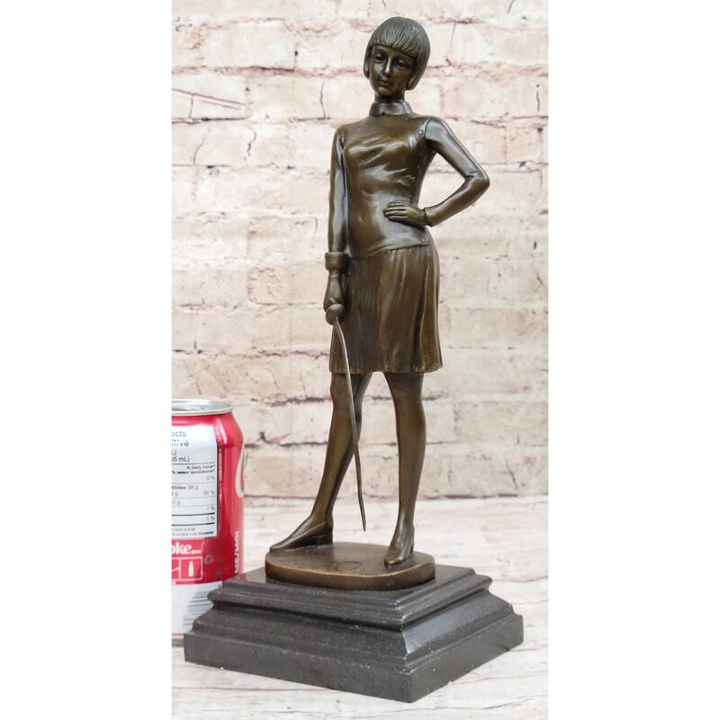 Bronze Sculpture Statue Figure Of Young Woman Fencer Standing With Sword On Marble Base