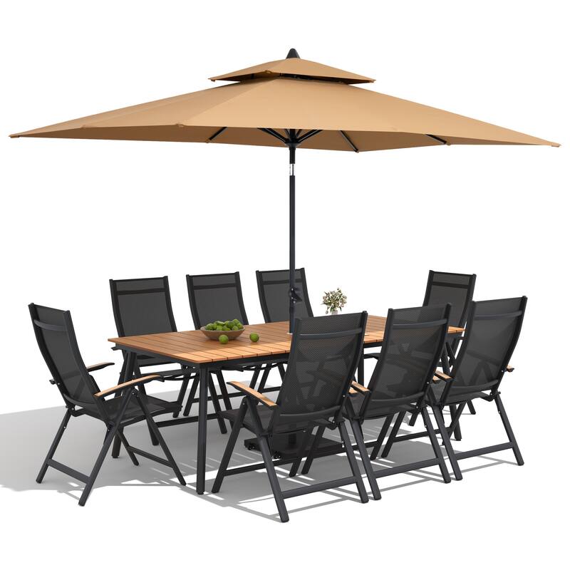 9/11-Piece Outdoor Patio Dining Set Aluminum Dining Table and Folding Chairs w/10 ft Umbrella and Base