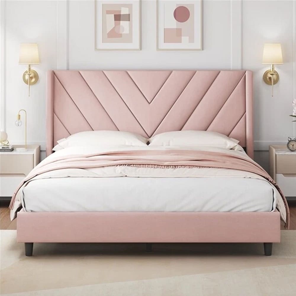 Queen Upholstered Bed Frame with Wooden Slat Support Pink