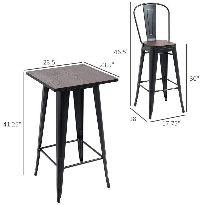 HOMCOM 3 Piece Bar Table Set with 1 Table, 2 High Back Chairs and Metal Frame with Footrests for Home
