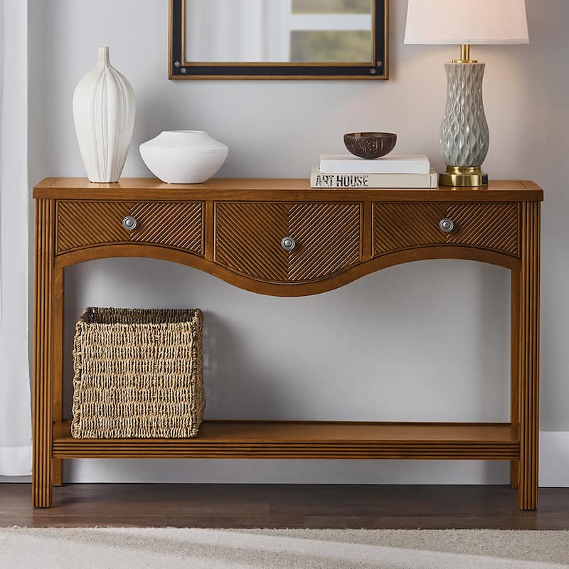 52 Inch Fluted Wood Console Table with 3 Drawers and Solid Wood Legs for Living Room Entryway Decor - Brown