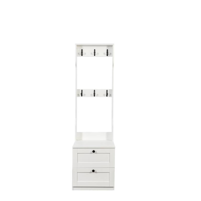 2-in-1 Freestanding Wood Coat Rack with Drawer and Hooks
