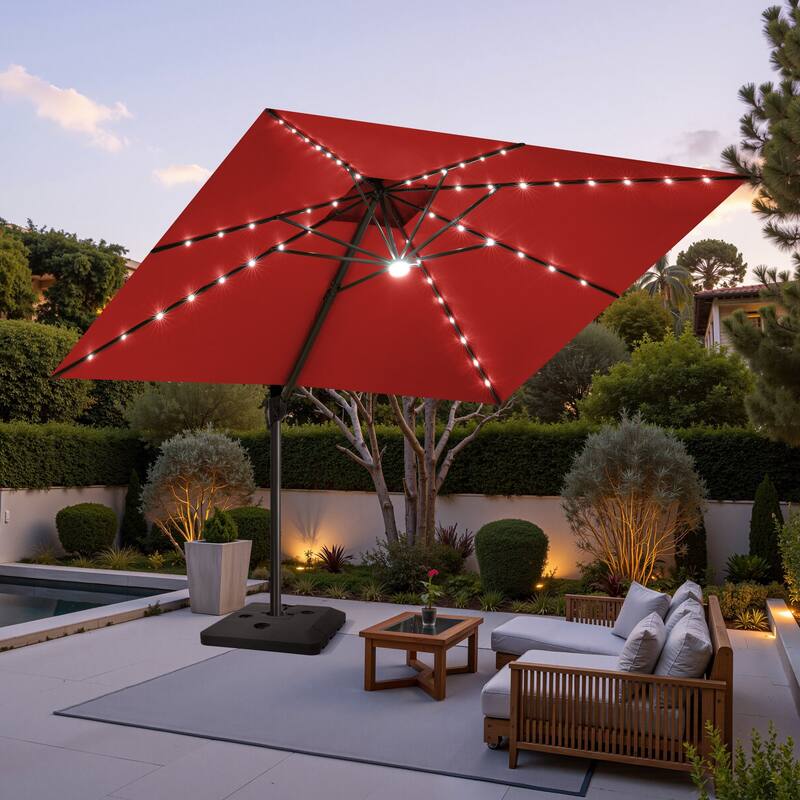 11 FT Aluminum Solar-Powered LED Light Patio Cantilever Umbrella with Base - Red