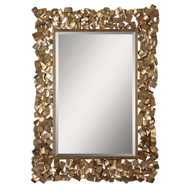 4.5' Antique Gold Gray Glaze Metal Framed Beveled Wall Mirror