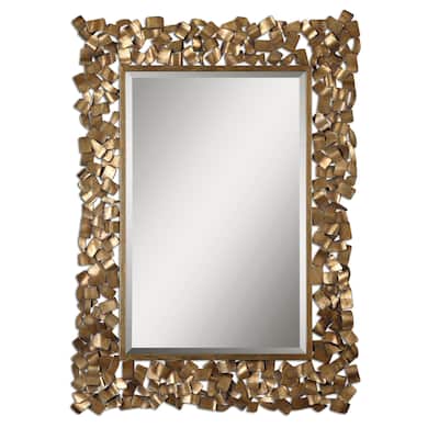 4.5' Antique Gold Gray Glaze Metal Framed Beveled Wall Mirror