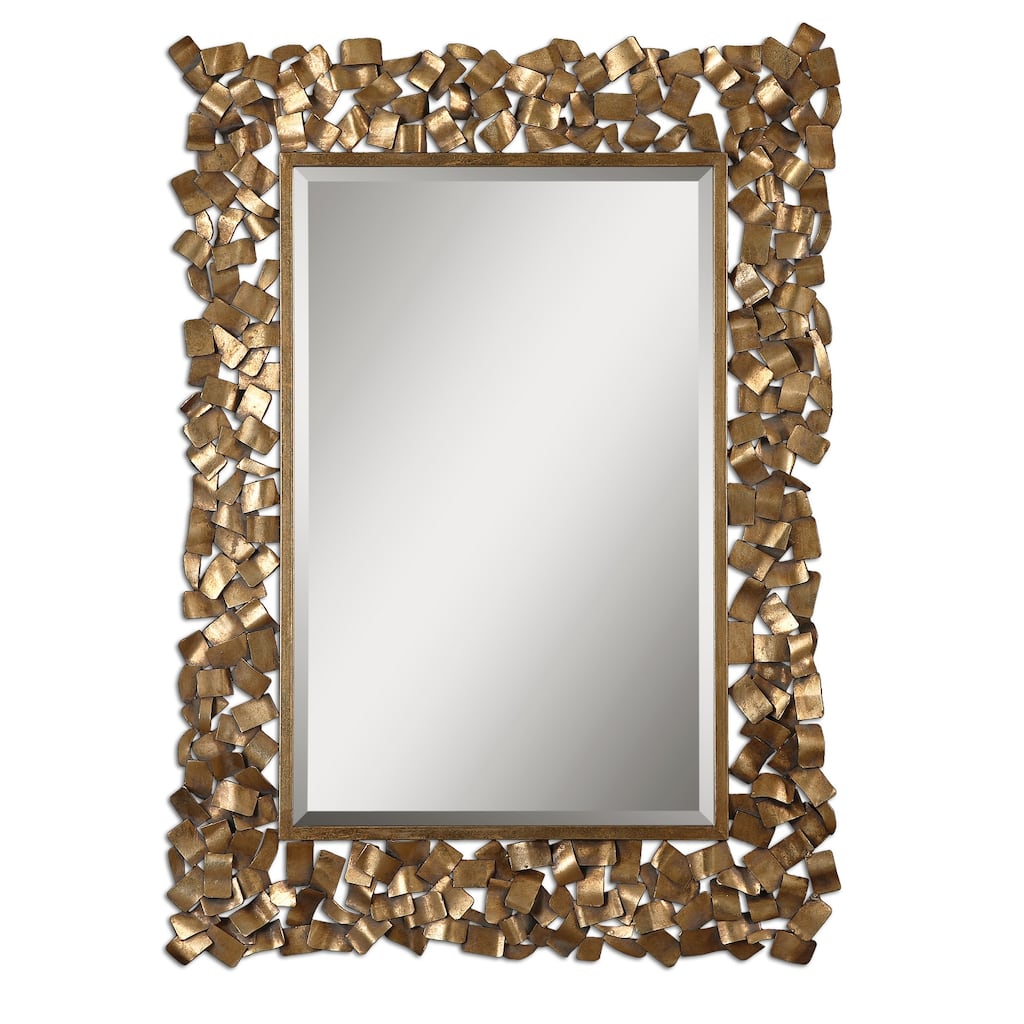 4.5' Antique Gold Gray Glaze Metal Framed Beveled Wall Mirror