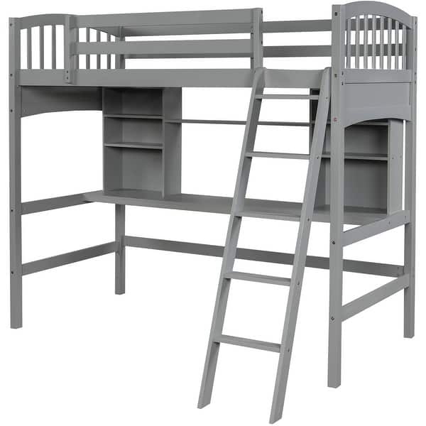 slide 2 of 27, Solid Wood Twin Size Loft Bed with Built-in Desk & Storage Shelves Gray - Twin