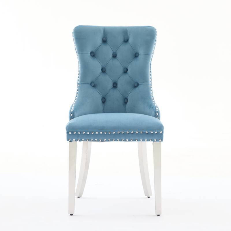 Modern Tufted Velvet Dining Chair with Chrome Stainless Steel Plating Legs and Nailhead Trim, for Dining Room, Light Blue