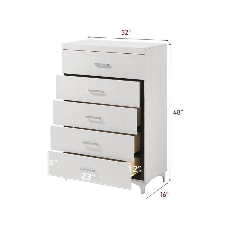 Contemporary White 5-Drawer Storage Chest, Wooden Bedroom Essential