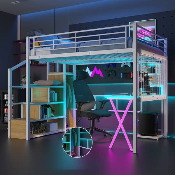 slide 2 of 18, Full Metal Loft Bed with Workstation, Wardrobe & LED White