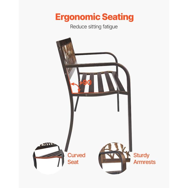 50 Inch Antique Bronze Outdoor Patio Bench with Steel Frame and Floral PVC Backrest for 2-3 People - 50” x 20.5” x 30.3”