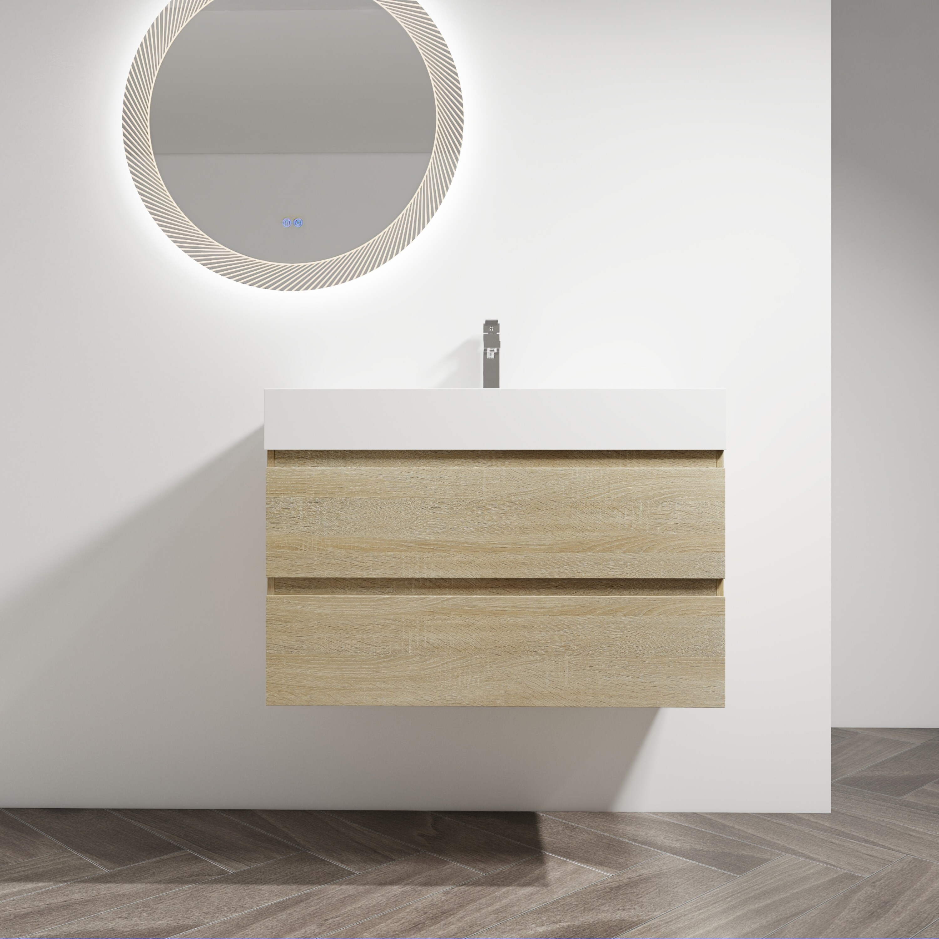 24 Inch Wall Mounted Bathroom Vanity With Resin Sink,Wood Grain Design and 2 Soft Close Drawers