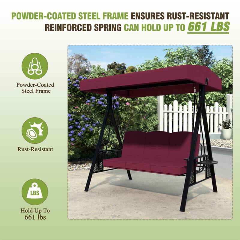 VEIKOUS 3-Seat 2-in-1 Convertible Patio Porch Swing with Adjustable Canopy Swing and Cushion