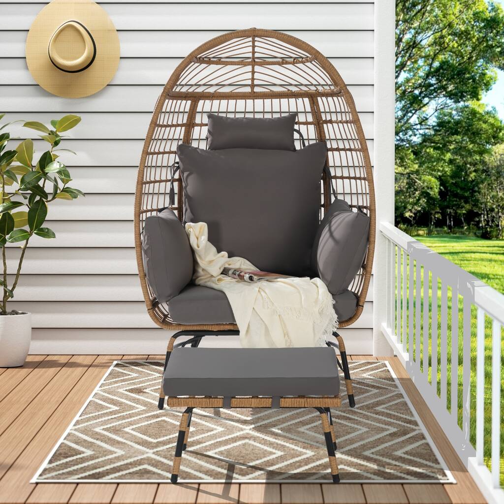 Rattan Egg Chair Indoor Outdoor,Oversized Large Egg Chairs with Ottoman and Thick Cushions for Porch, Backyard, Balcony
