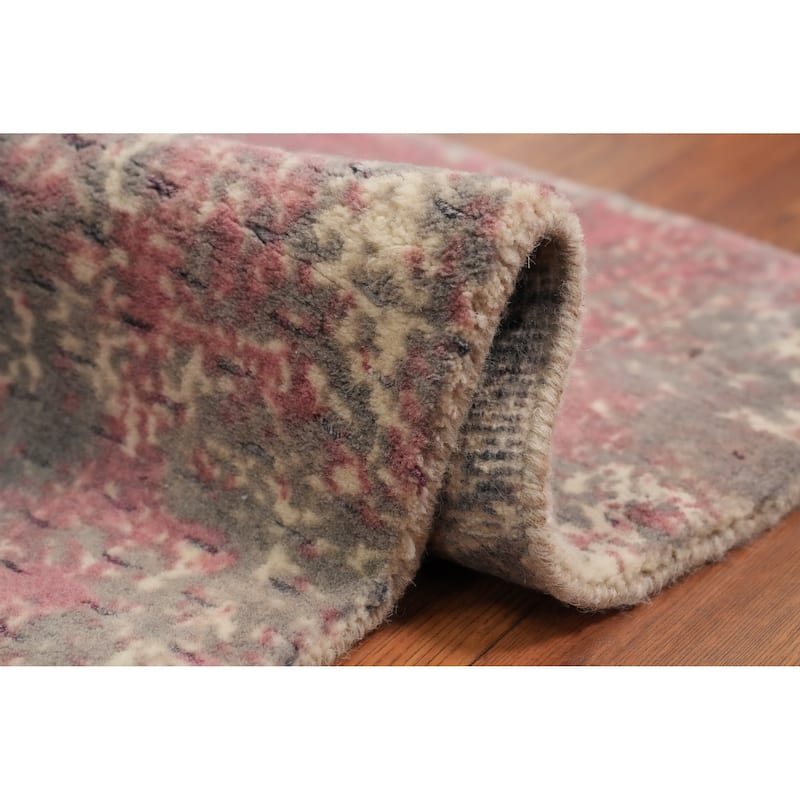 Hand Knotted Oriental Viscose Silk Carpet Modern All-Over Pink Abstract Area Rug - 3' 0'' X 2' 0''